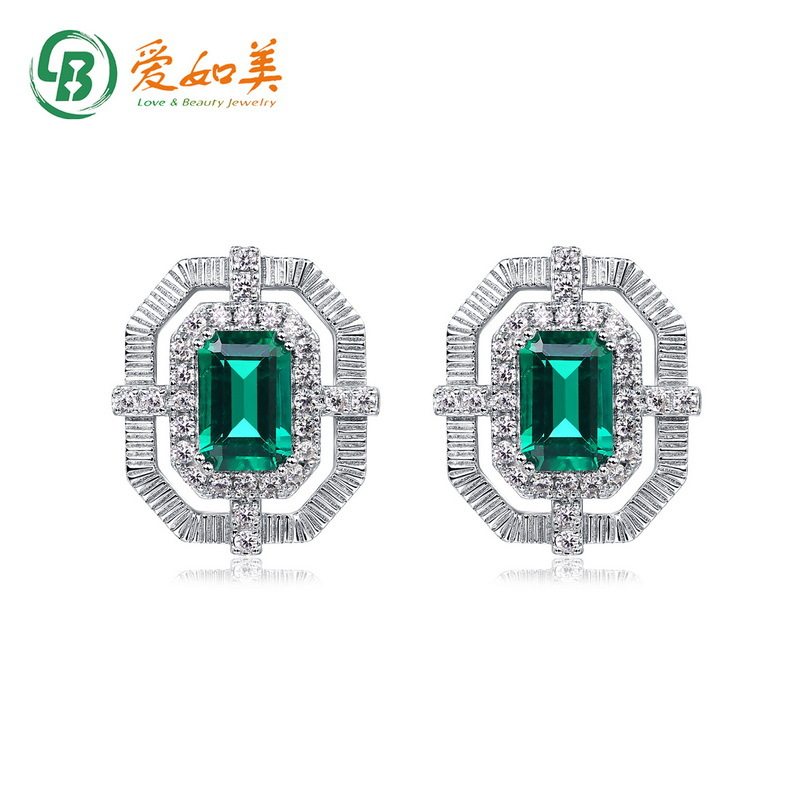 新款拉丝工艺耳钉S925银渡18K金PT950铂金镶嵌八角培育祖母绿耳环