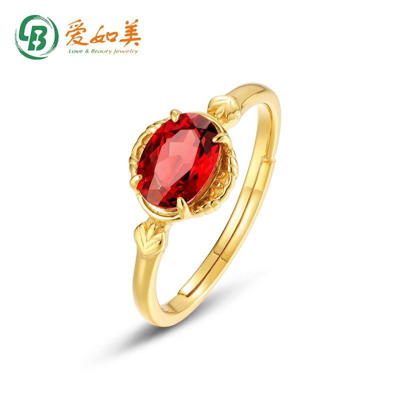 时尚简约石榴石戒指S925银渡18K金PT950铂金戒指开口可调节手饰