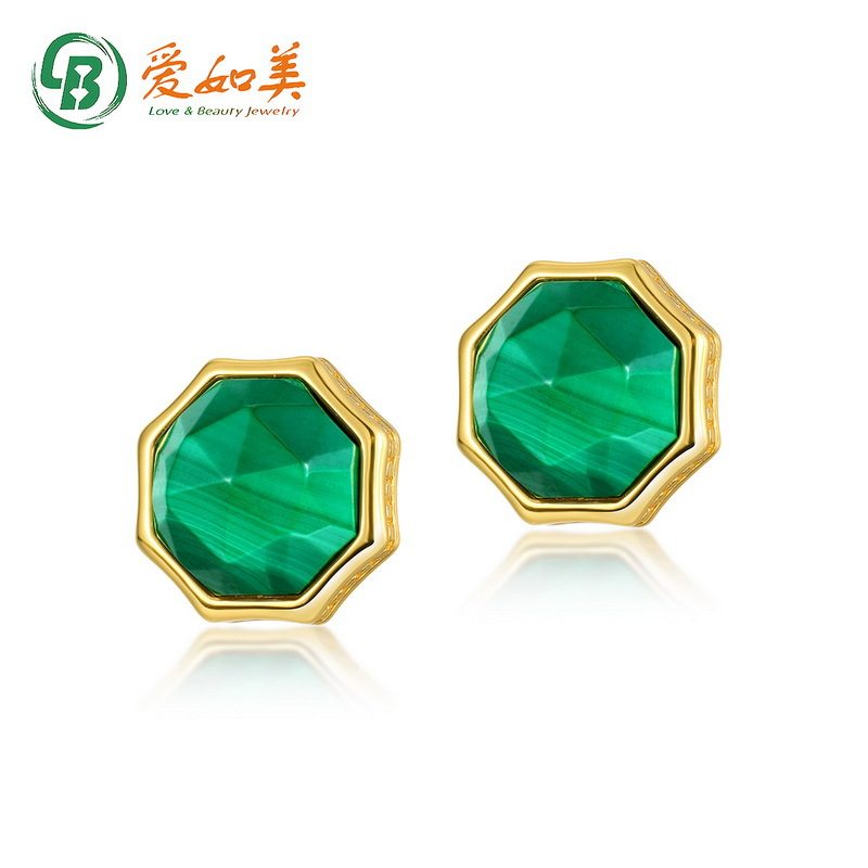 时尚八角几何孔雀石银耳钉简约复古S925银渡18K金PT950铂金耳钉