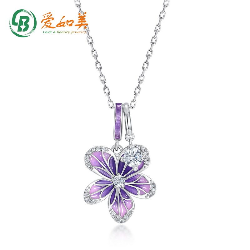 时尚兰花空窗珐琅吊坠锁骨链唯美清新S925银渡18K金PT950铂金项链