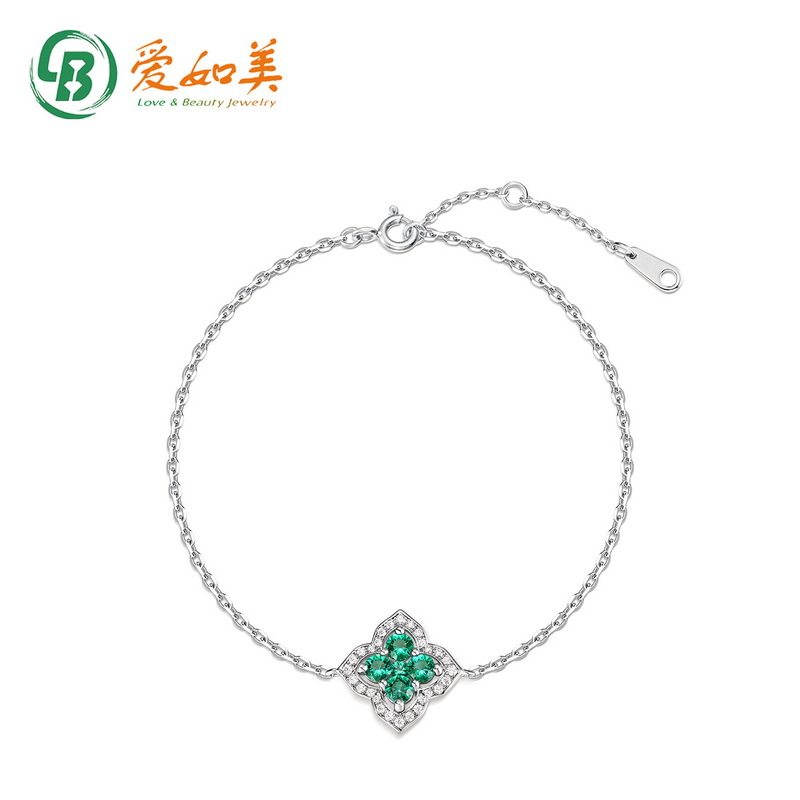 百搭四叶草培育祖母绿手链法式高级S925银渡18K金PT950铂金手饰