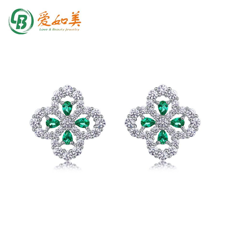 新款四叶草耳钉女满钻高级S925银渡18K金PT950铂金培育祖母绿耳环