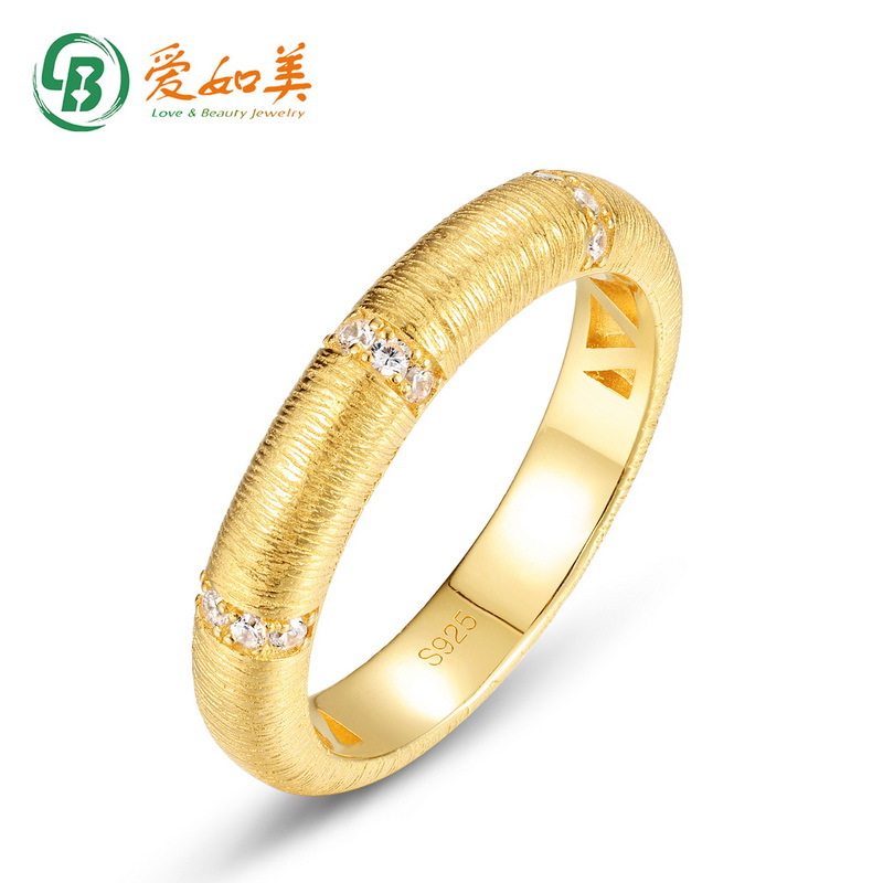 意大利手工拉丝工艺戒指时尚简约S925银镀18K金镶嵌钻石戒指指环