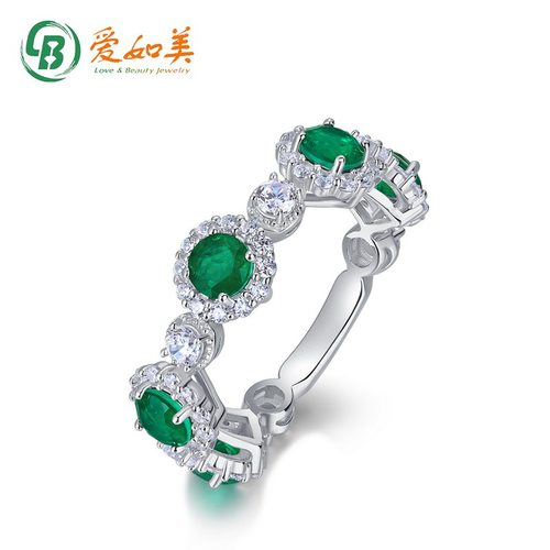 奢华培育祖母绿戒指女S925银渡18K金PT950铂金满钻微镶条戒食指环