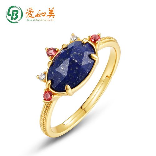 复古椭圆天然青金石戒指百搭S925银渡18K金PT950铂金戒指女指环