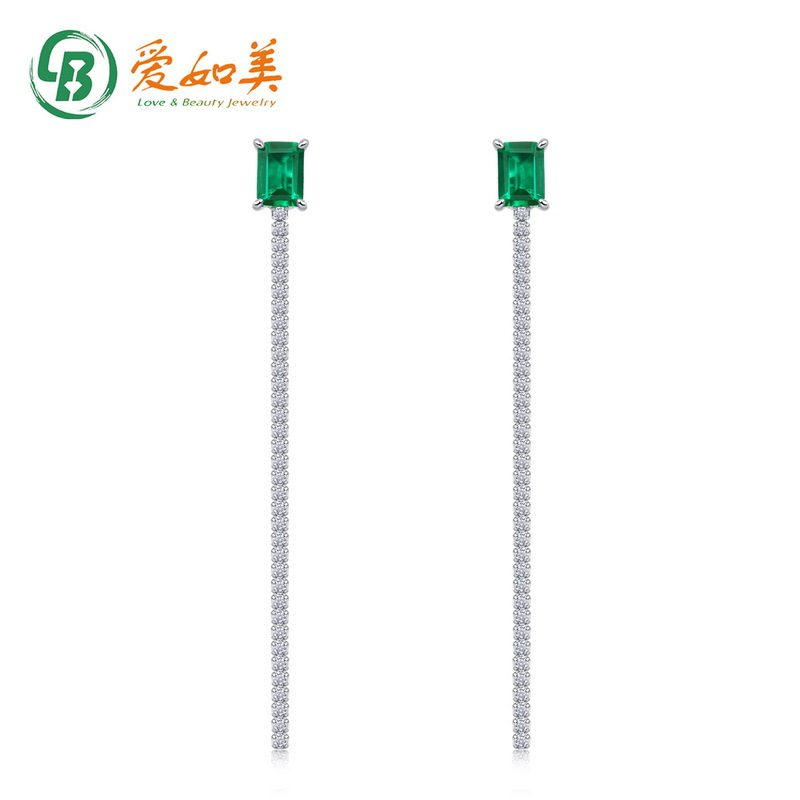 简约个性方形培育祖母绿长款耳钉S925银渡18K金PT950铂金流苏耳坠