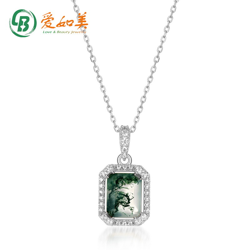 新款轻奢小众绿苔藓吊坠SS925银渡18K金PT950铂金水草玛瑙项链女