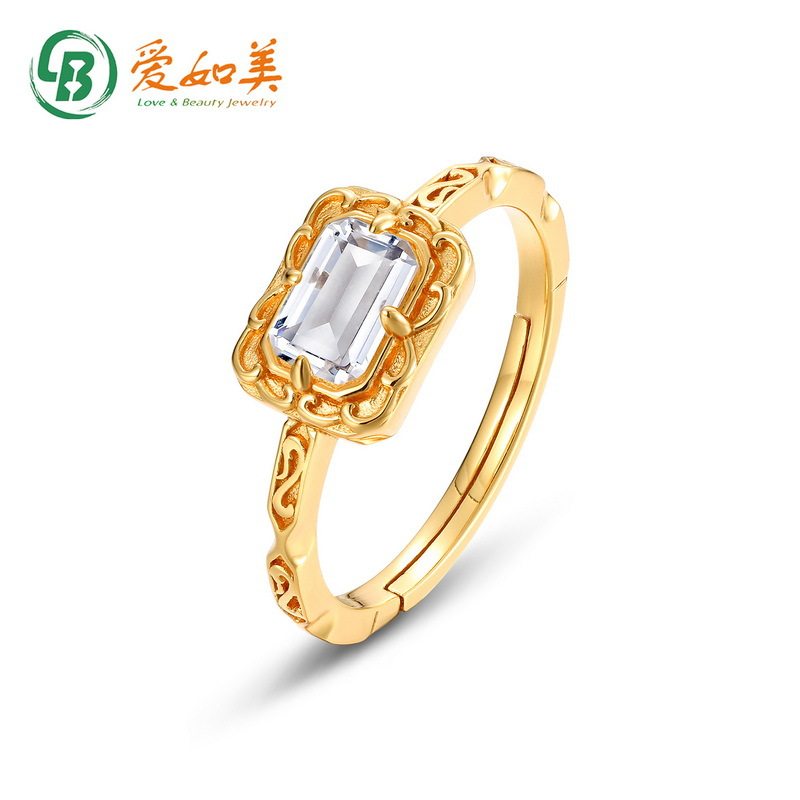 日系简约几何方形白水晶戒指复古风S925银渡18K金PT950铂金戒指