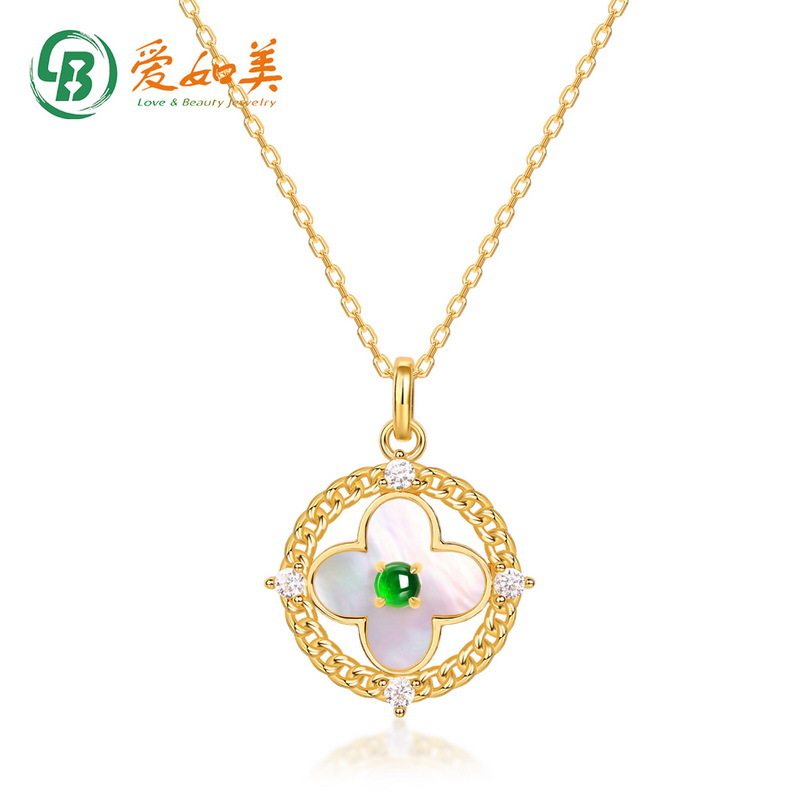 新款中国风四叶草吊坠女轻奢气质S925银渡18K金PT950铂金翡翠项链