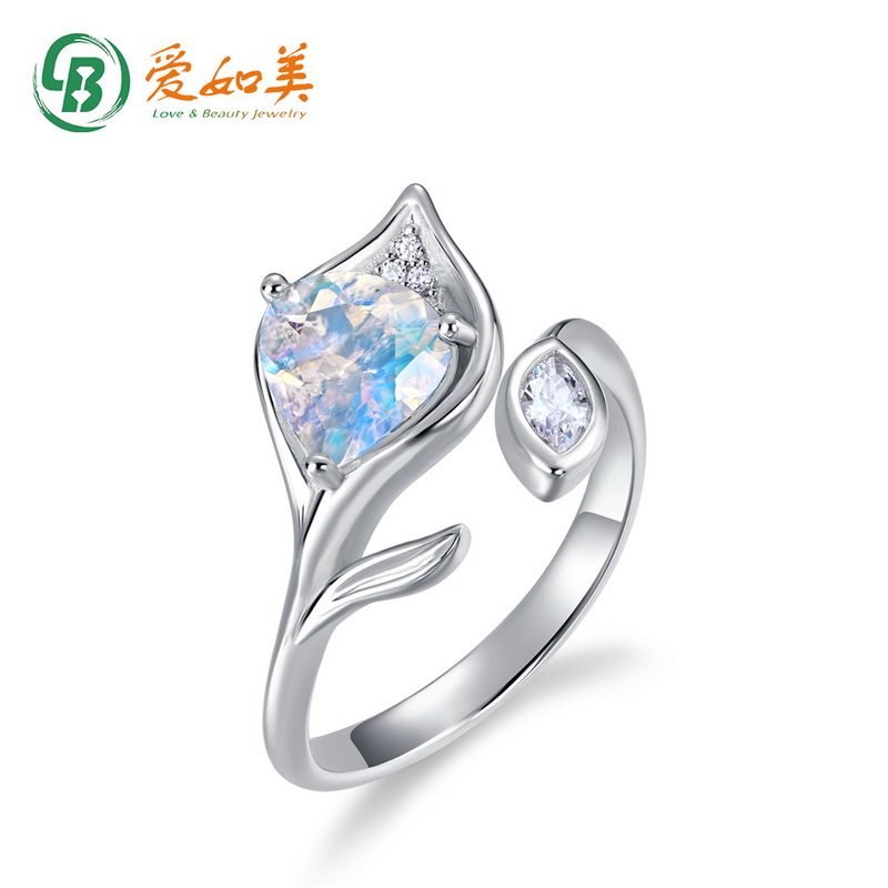 时尚花朵造型七彩蓝月光戒指女精致S925银渡18K金PT950铂金指环