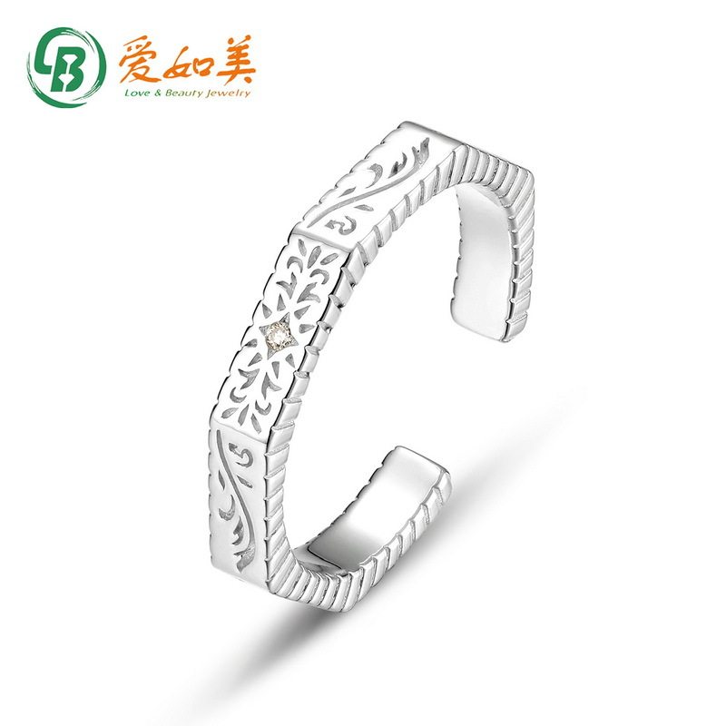 韩版简约几何情侣对指复古花纹S925银渡18K金PT950铂金开口戒指