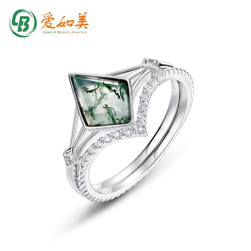 个性潮流几何水草玛瑙戒指S925银渡18K金PT950铂金天然绿苔藓叠戒