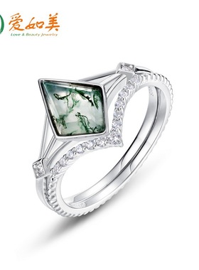 个性潮流几何水草玛瑙戒指S925银渡18K金PT950铂金天然绿苔藓叠戒