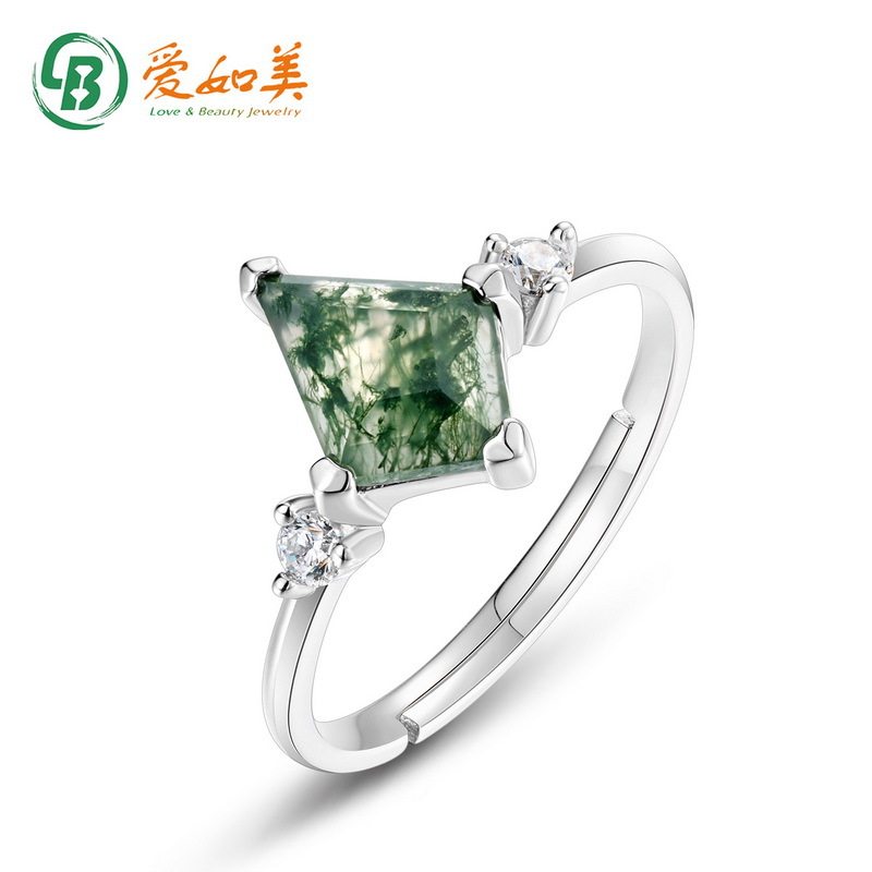 个性S925银渡18K金PT950铂金嵌绿苔藓指环风筝形水草玛瑙戒指高级