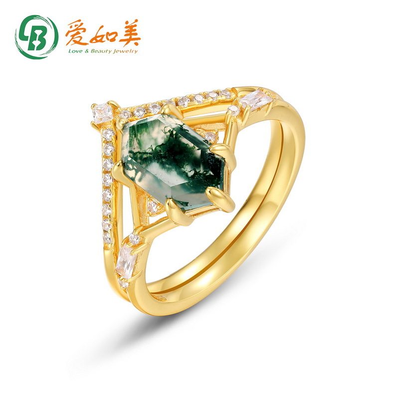 新款简约风个性绿苔藓戒指时尚流行S925银渡18K金PT950铂金套戒子