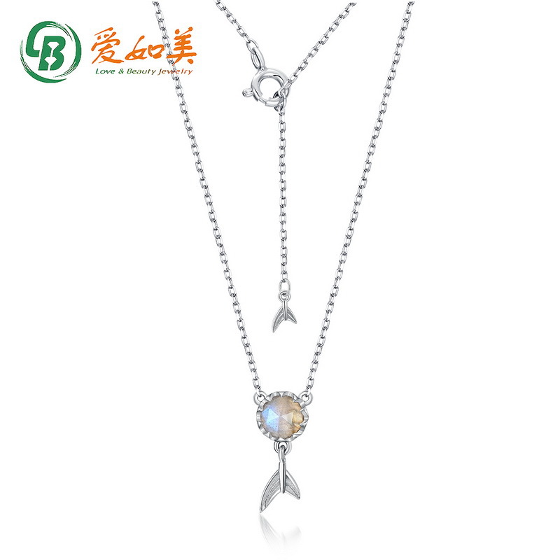 S925银渡18K金PT950铂金天然拉长石项链可爱美人鱼尾可调节颈链