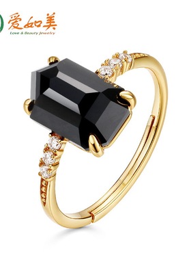 S925银渡18K金PT950铂金天然黑玛瑙几何型开口戒指不规则指环手饰