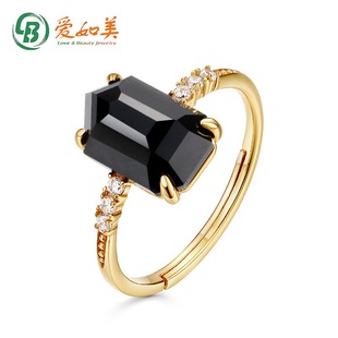 S925银渡18K金PT950铂金天然黑玛瑙几何型开口戒指不规则指环手饰