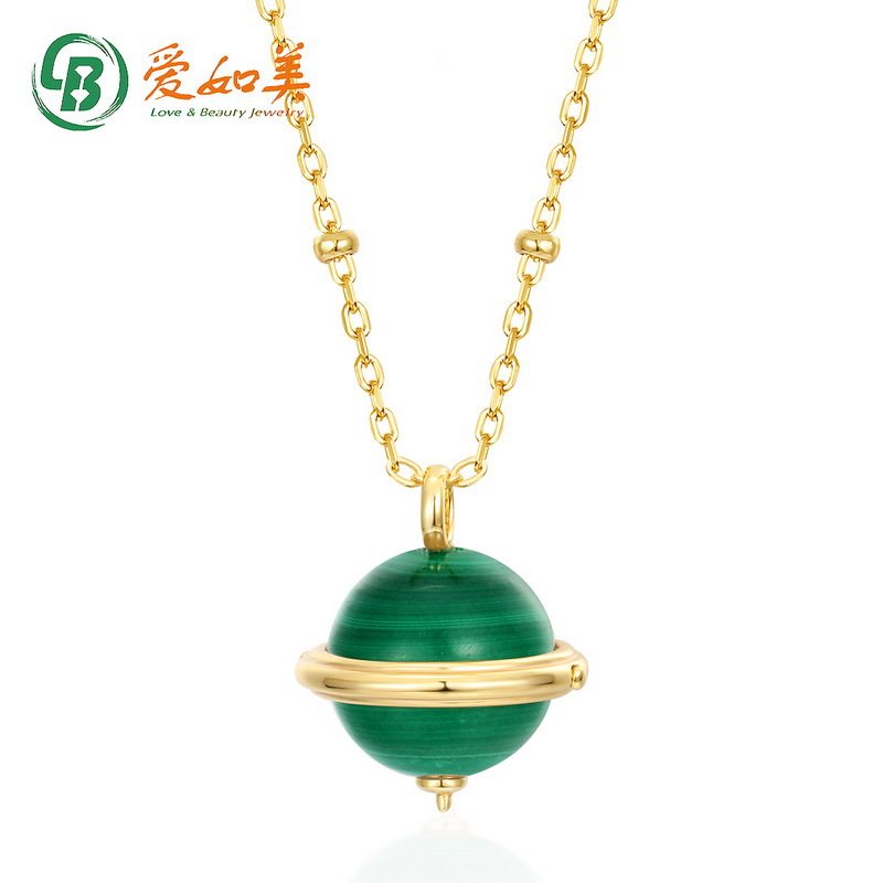 S925银渡18K金PT950铂金孔雀石圆形几何毛衣链吊坠女简约风星球体