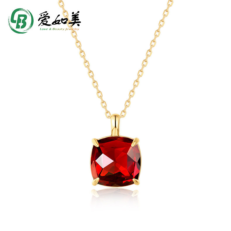 S925银渡18K金PT950铂金天然石榴石吊坠酒红色项链简约短款锁骨链
