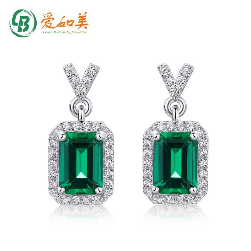 新款百搭几何培育祖母绿耳钉S925银渡18K金PT950铂金满镶彩宝耳坠