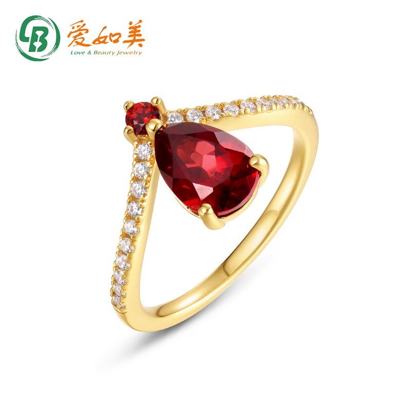 欧美新款时尚简约天然石榴石指环小众S925银渡18K金PT950铂金戒指