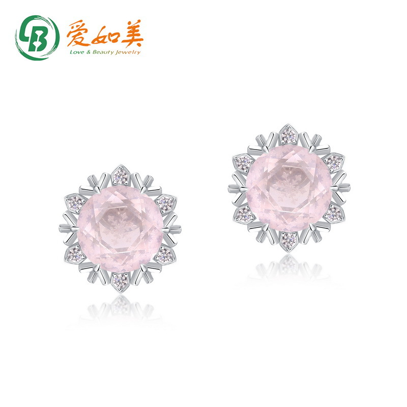 简约粉水晶耳环S925银渡18K金PT950铂金雪花耳钉轻奢风银饰珠宝