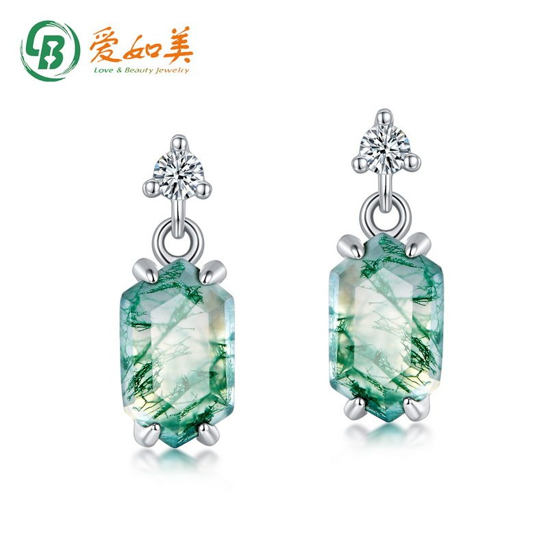 新款天然水草玛瑙耳钉时尚S925银渡18K金PT950铂金爪镶绿苔藓耳环