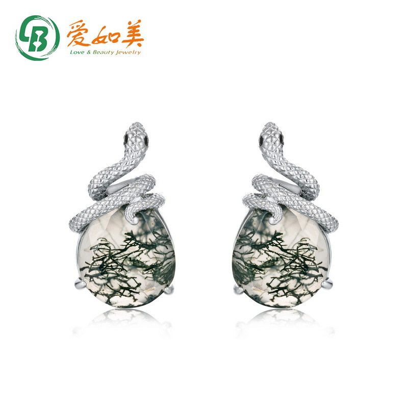 时尚缠绕蛇形耳环冷淡风复古S925银渡18K金PT950铂金水草玛瑙耳环