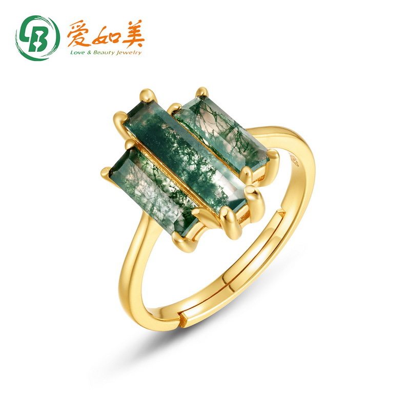 个性夸张天然绿苔藓石食指戒S925银渡18K金PT950铂金水草玛瑙戒指
