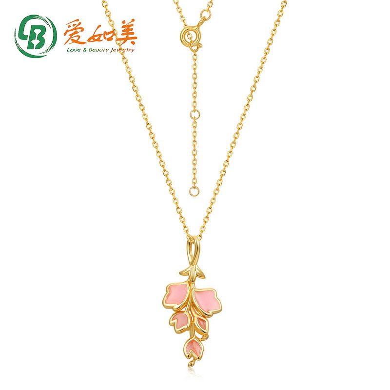 S925银渡18K金PT950铂金丁香花吊坠女式几何花卉长款粉色珐琅项链