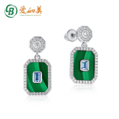 新款几何个性孔雀石耳环女S925银渡18K金PT950铂金耳环小众耳饰