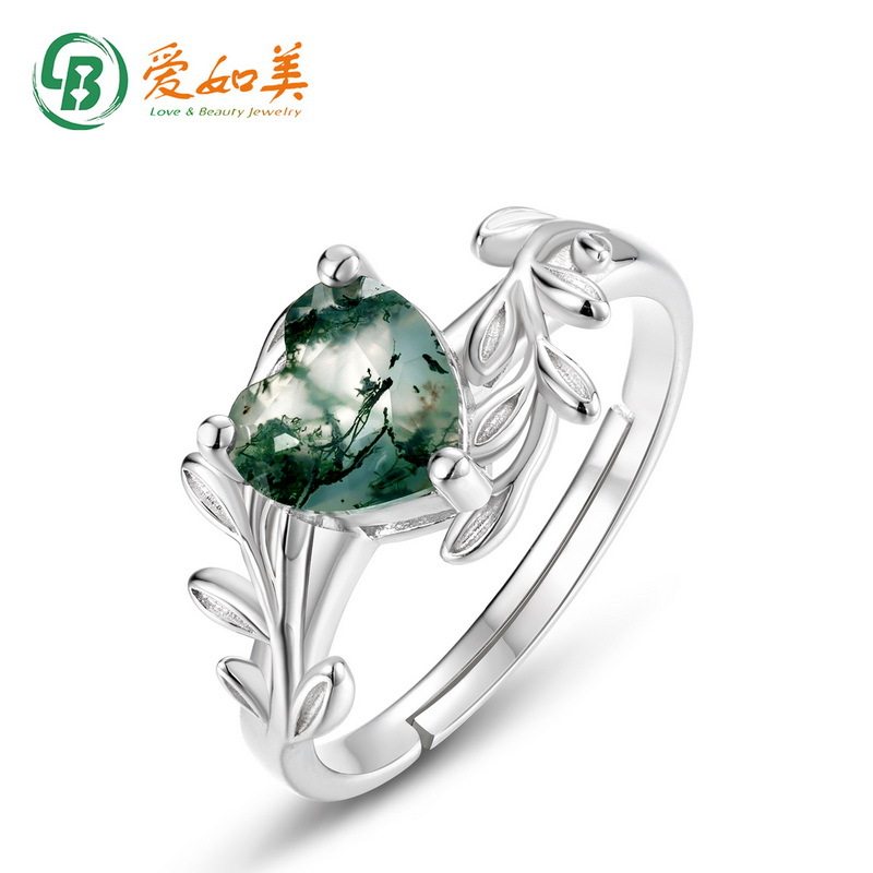 时尚轻奢S925银渡18K金PT950铂金绿苔藓戒指活口水草玛瑙心形指戒