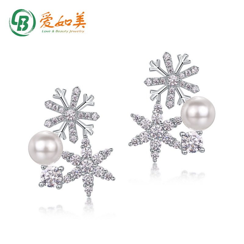 时尚流行雪花珍珠耳钉韩版S925银渡18K金PT950铂金耳环小众耳饰