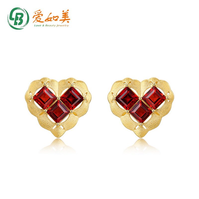 法式小众设计拉丝心形耳环S925银渡18K金PT950铂金红石榴石耳钉