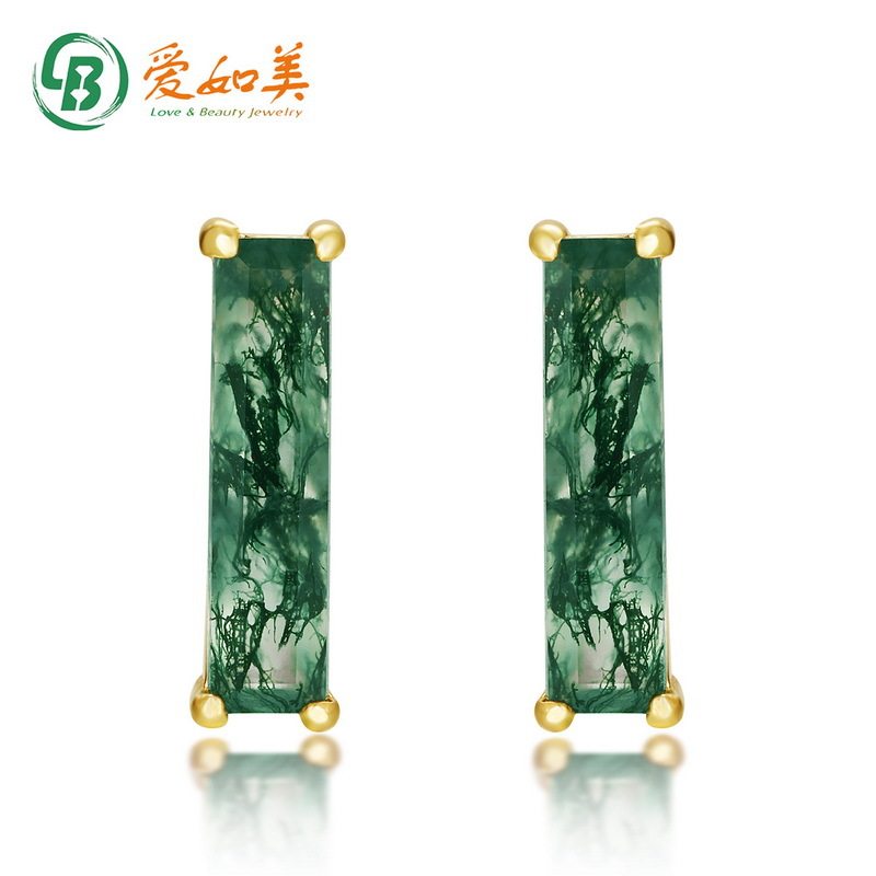 简约时尚绿苔藓耳钉S925银渡18K金PT950铂金镶水草玛瑙耳钉冷淡风