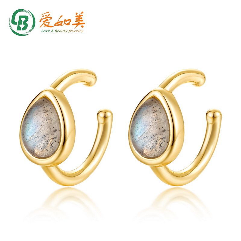 简约几何拉长石耳骨夹轻奢小众设计S925银渡18K金PT950铂金耳环女