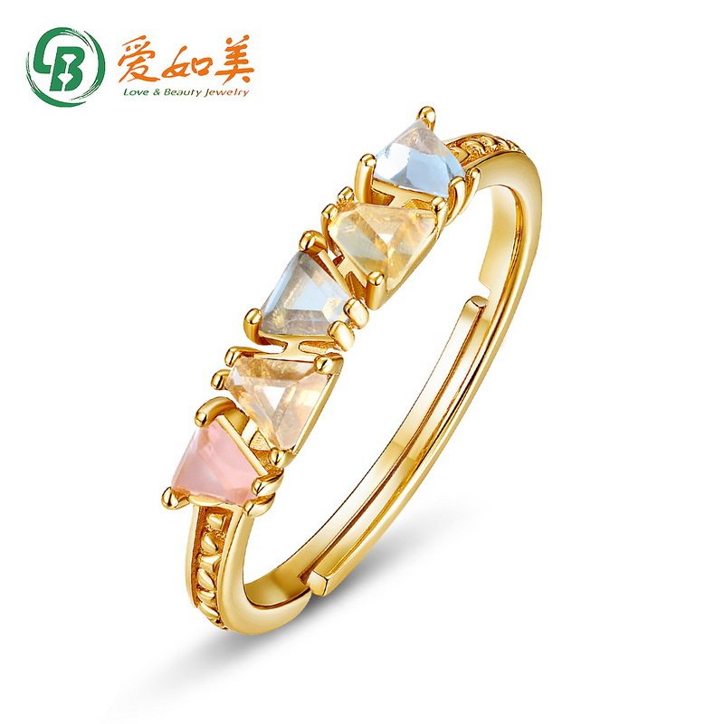 S925银渡18K金PT950铂金彩虹色合成粉晶戒指日本轻奢个性彩宝指环