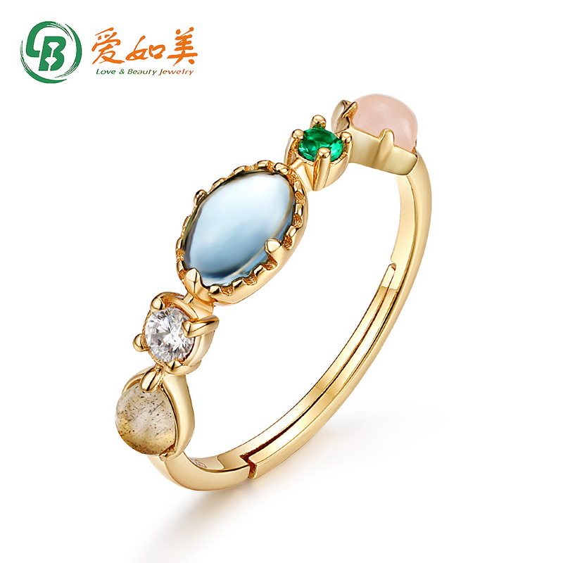 彩虹心愿石戒指女S925银渡18K金PT950铂金天然拉长石森女风指环