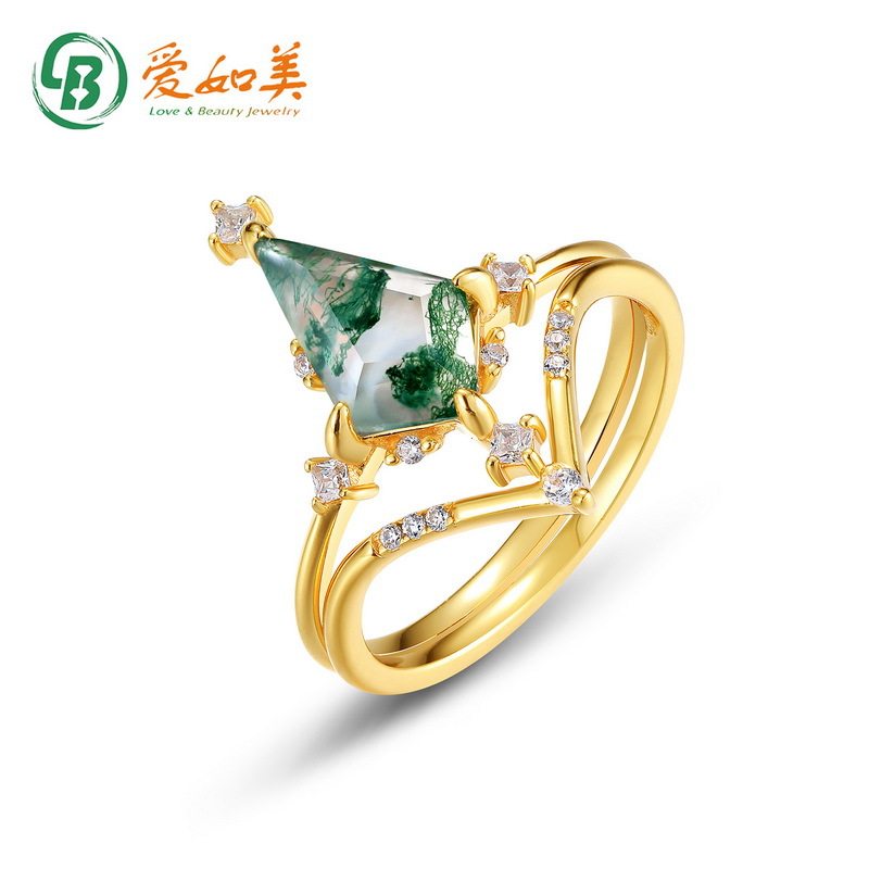 新款绿苔藓组合戒女S925银渡18K金PT950铂金个性独特水草玛瑙戒指