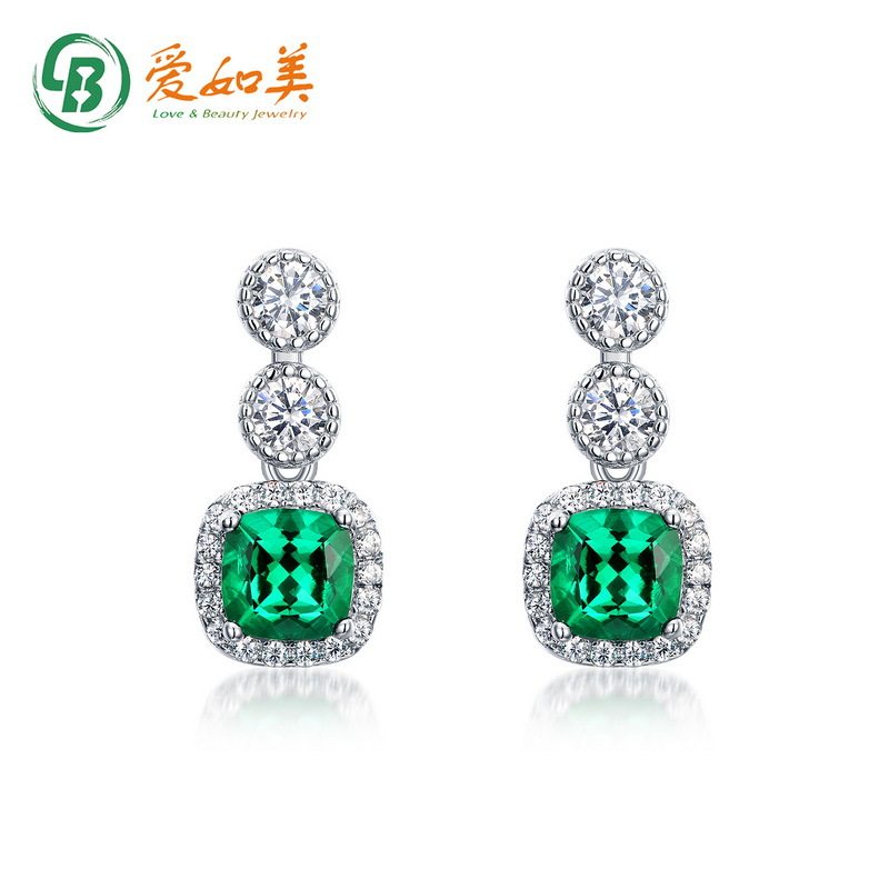 时尚几何培育祖母绿耳钉S925银渡18K金PT950铂金耳坠复古高级耳饰