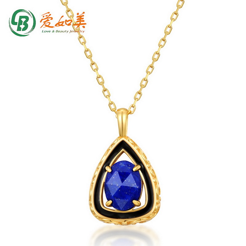 天然青金石滴油S925银渡18K金PT950铂金吊坠雕花卉幸福三角形几何