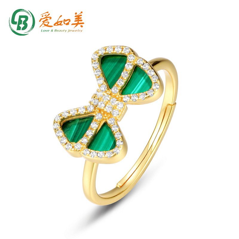 新款日韩轻奢复古蝴蝶结戒指S925银渡18K金PT950铂金孔雀石戒指