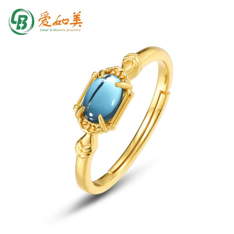 新款复古S925银渡18K金PT950铂金戒指流行伦敦蓝托帕石长方形戒指