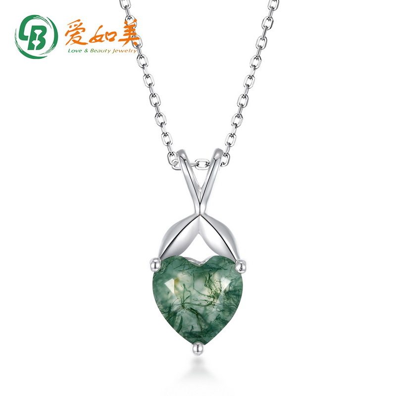 新款时尚简约心形绿苔藓吊坠锁骨链S925银渡18K金PT950铂金项链
