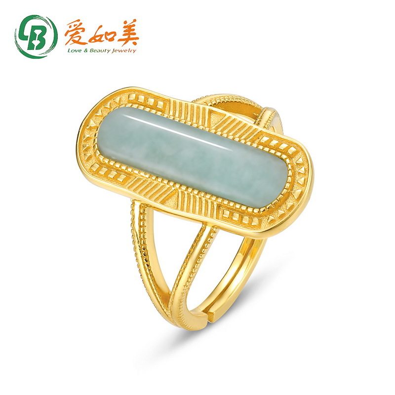 新款复古风几何长方天河石戒指S925银渡18K金PT950铂金宫廷风戒指