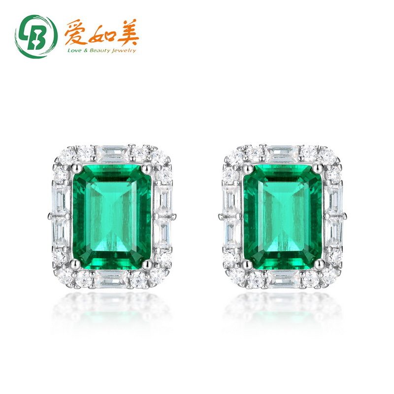 几何轻奢培育祖母绿耳钉女S925银渡18K金PT950铂金镶培育彩宝耳饰