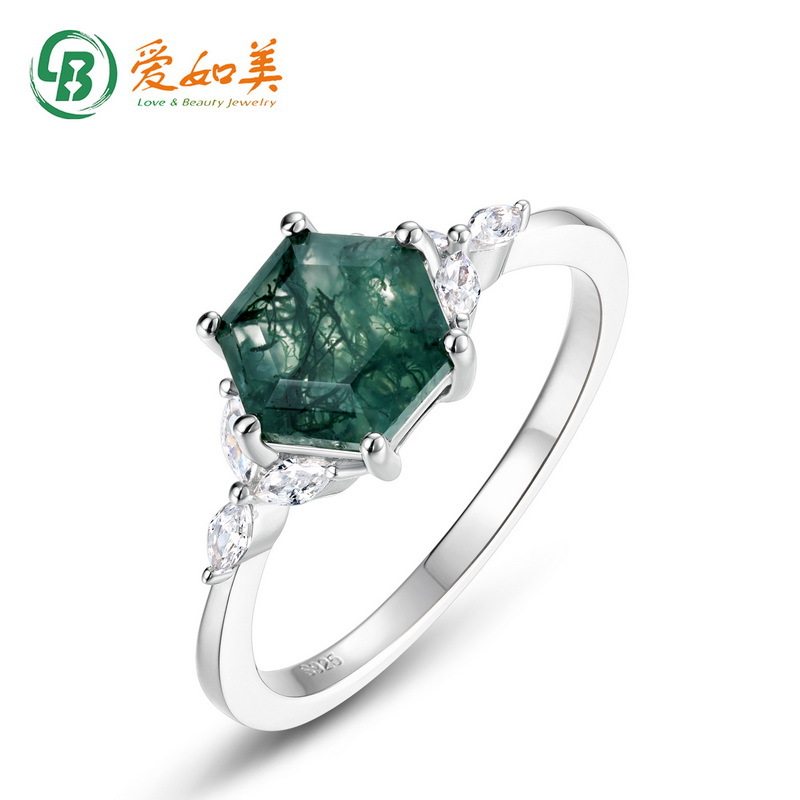 独特绿苔藓石叠戴戒指S925银渡18K金PT950铂金几何水草玛瑙组合戒