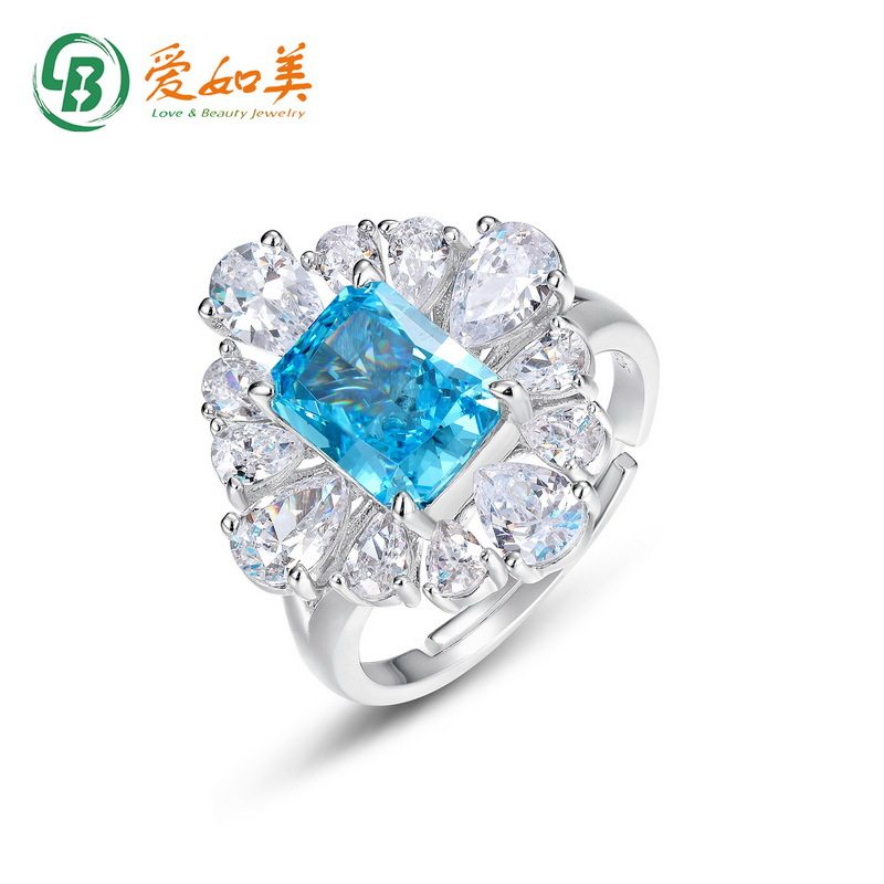 珠宝应季新品S925银渡18K金PT950铂金海蓝宝石戒指花卉设计女戒