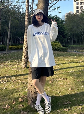 ICEREVERIE 国潮宽松休闲圆领纯色休闲男女基础印花ICE长袖T恤